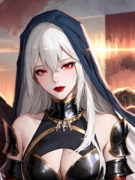 1girl, armor, bad-girl, bare shoulders, black dress, cleavage, cleavage cutout, clothing cutout, dress, gauntlets, hair between eyes, long hair, looking at viewer, red eyes, solo, veil, very long hair, white hair,mature female,red lips,shiny,shiny skin,large breasts,realistic