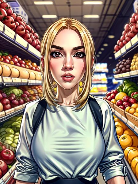 a photorealistic image in minkostyle+++ style of ( Ava Max , white shirt), (at the (grocery Store), (produce section))++, realistic+++, masterpiece++, (extremely detailed)++, (beautiful face)++, (detailed face)++, (beautiful body), gorgeous, (sexy pose), 4k+, UHD