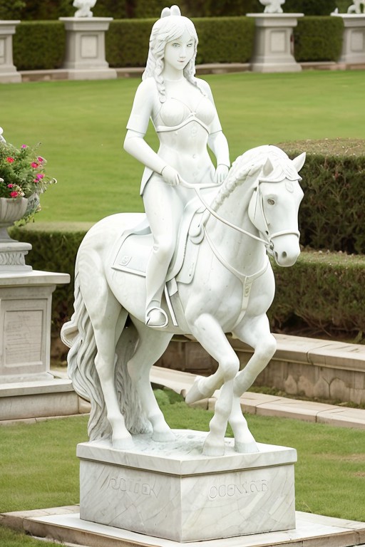 photo of <lora:betterCuteAsian03:0.3>, a woman riding a horse as a (white_statue,stone_statue:1.3), wearing armor, on a pe...