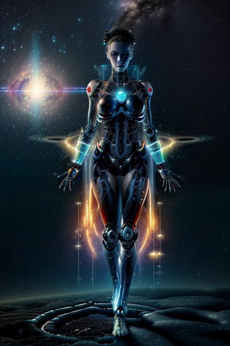 A glowing humanoid AI floats through space, passing by planets and stars. Her circuits shimmer as she extends a hand to touch a glowing comet, leaving trails of light and wonder in her path.