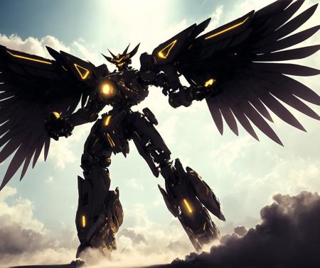 dramatic angle,dynamic angle,an extremely delicate and beautiful mecha, 8k wallpaper,masterpiece,best quality,illustration,mecha,black+gold mechanical body, science_fiction, glowing, holding_gun, no_humans, realistic, red_eyes, solo, open_hand, wings, full_body, mechanical_wings, standing, glowing_eye, weapon,  cloud, glowing_eyes, jet, day, sword,flying,sunbeam, sunlight,realistic, broken,dust,smoke