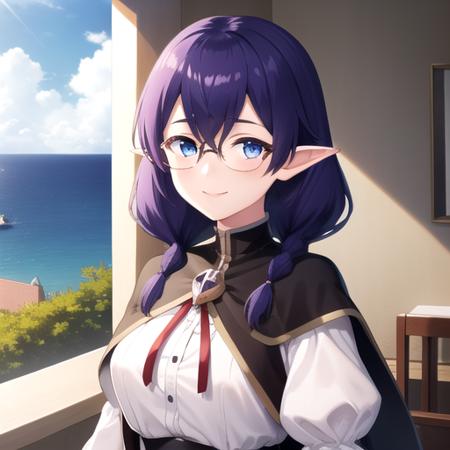 ((masterpiece)),(best quality),official art,extremely detailed CG,unity 8k wallpaper,ultra detailed,A lighthouse on a cliff by the sea,1girl,solo,upper body,(portrait:1.2),looking at viewer,maria (eiyuu kyoushitsu),pointy ears,black capelet,white shirt,long sleeves,juliet sleeves,puffy sleeves,medium breasts,turtleneck shirt,red ribbon,bangs,choker,glasses,twin braids,purple hair,socks,long hair,purple skirt,blue eyes,smile,<lora:Maria(ek)>,