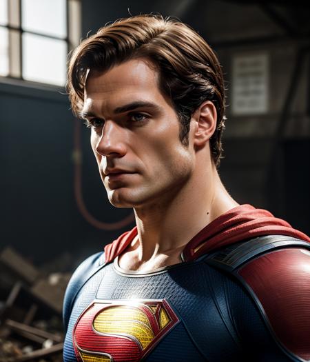 Photo of Henry cavill is superman , superhero, upper body,cinematic, movie, grain movie (2023s)1boy, building destroyed , realistic , (8k, RAW photo, best quality, masterpiece:1.2), (realistic, photo-realistic:1.33), best quality, detailed eyes blue, cute,natural lighting, depth of field, film grain, wrinkled skin, sharp