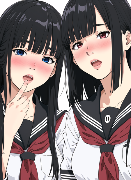 yakiyama line <lora:yakiyama_line_offset:1>,  , 2girls, multiple girls, blush, school uniform, long hair, open mouth,  serafuku, blunt bangs, bangs, simple background, lips