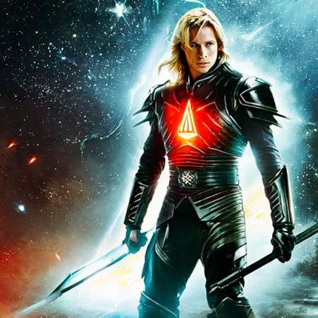 24 year old Erik Von Detten with (blonde hair) as a royal space warrior wearing ((onyx space armor)) with intricate engravings and (glowing lights embedded in armor), (Style-TronLegacy-8v-A:.8), (medium wide shot), in a fighting pose, imperious expression, golden eyes, atmospheric lighting, flames in background, aslanscifi_v1, actionhelper