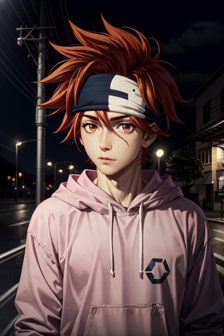 (realistic:1.2), kyan reki\(sk8\), solo, looking at viewer, 1boy, hair between eyes, red hair, orange eyes, messy hair, black hood, male focus, headband, pink hoodie