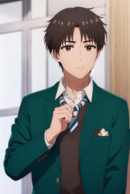 junichiroukubota, <lora:junichirou kubota s1-lora-nochekaiser:1>,
junichirou kubota, short hair, bangs, brown hair, (brown eyes:1.5), male focus,
BREAK shirt, long sleeves, school uniform, jacket, white shirt, open clothes, necktie, collared shirt, pants, open jacket, black pants, blazer, red necktie, (green jacket:1.5), brown pants,
BREAK indoors, classroom,
BREAK looking at viewer, (cowboy shot:1.5),
BREAK <lyco:GoodHands-beta2:1>, (masterpiece:1.2), best quality, high resolution, unity 8k wallpaper, (illustration:0.8), (beautiful detailed eyes:1.6), extremely detailed face, perfect lighting, extremely detailed CG, (perfect hands, perfect anatomy),