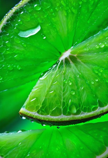 Stunning close-up photograph of a vibrant lime slice, showcasing the beauty of the fruit's green flesh and the allure of its glistening water droplets. The image captures the essence of the lime in breathtaking detail, highlighting its refreshing and organic nature. The photograph is a work of art in itself, with a rich green color palette and a stunning display of liquid textures that create a sense of movement and energy. This photorealistic image invites viewers to appreciate the simple beauty of the lime and the artistry of macro photography.