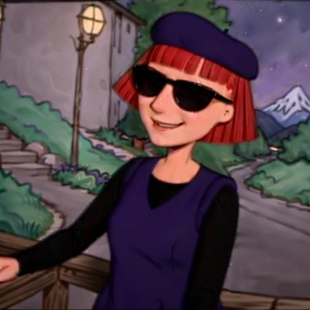 <lora:Judy Funnie V2:0.7> judy_funnie, red hair, sunglasses, shaved sides of head, purple beret, purple dress, black undershirt, long sleeves, outdoors, smile, black stockings, night time, close up, mountains,