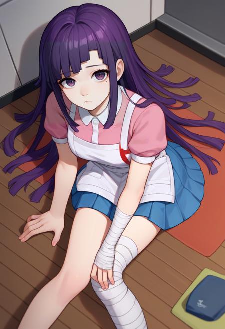 tsumiki mikan, mole under eye, purple / black hair pink shirt, puffy short sleeves, white apron, blue skirt, bandaged leg, bandaged arm