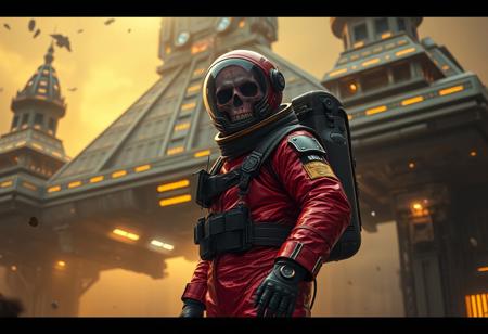 A cinematic shot of an undead lich astronaut in a vibrant metallic red spacesuit standing in the foreground, with a massive, ziggurat spacestation as the backdrop. The spacestation is adorned with numerous lights, windows, and technical details. The astronaut's suit is equipped with various gadgets and patches. The atmosphere is filled with floating debris and a hazy golden glow