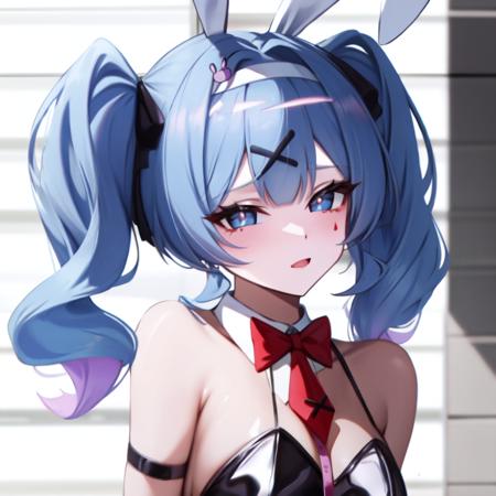 hatsune miku, hair ornament, blue hair, rabbit ears, playboy bunny, twintails, bangs, leotard, blue eyes, x hair ornament, detached collar