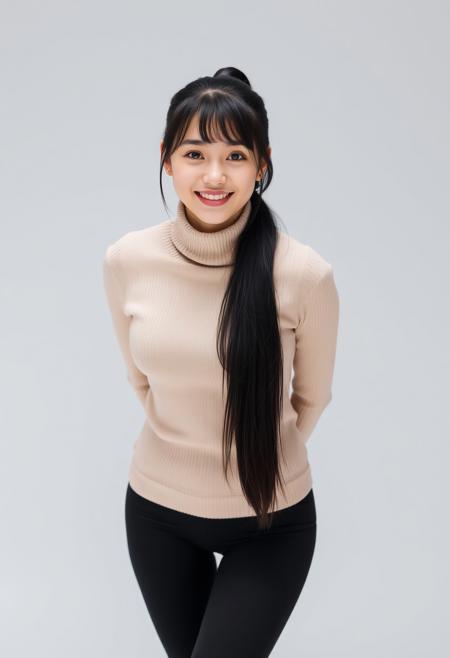 Upper body pose of a young japanese woman smiling to the camera.
She has a black ponytail, amber eyes, pale skin, beige turtleneck and black leggings. She has small breasts