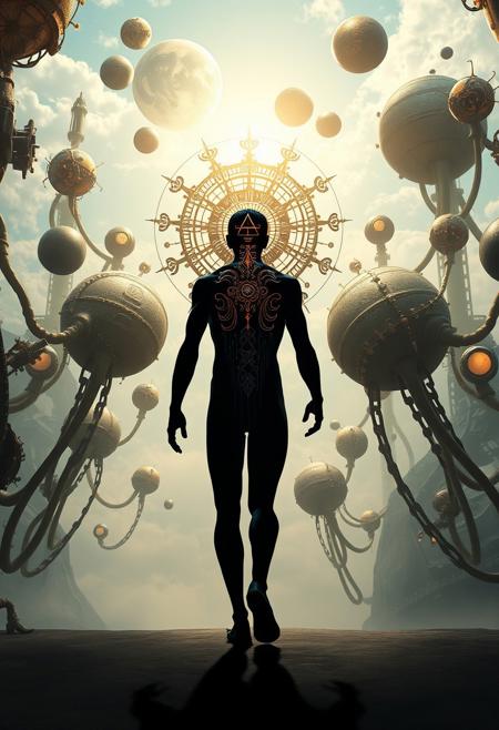Silhouetted figure, back-lit smooth gradient, walking through surreal biomechanical structures, floating spheres and glowing orbs in an infinite sky. Elongated human form, hyper-realistic textures, gold, blue, and bronze hues, cosmic symbolism, intricate detail, dreamlike atmosphere.