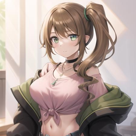 (masterpiece, best quality:1.2),illustration,8k,hd,1girl,solo,green eyes,side ponytail,brown hair,jacket,tied shirt,pink shirt,belt,choker,long hair,midriff,necklace,jewelry,off shoulder,green jacket,denim shorts,breasts,long sleeves,black shorts,black choker,bangs,<lora:Kuroe(Casual wear)-V1:0.6>,