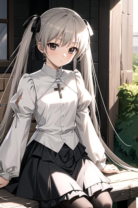 best quality, ultra-detailed, an extremely delicate and beautiful, high resolution, extremely detailed CG, masterpiece,
cowboy shot,
expressionless,
BREAK,
yosuga, kasugano sora, 1girl, solo, long hair, twintails,hair ribbon,brown eyes, white hair,black eyes,
pantyhose, skirt, dress, cross,  black ribbon, black pantyhose,black skirt,shirt,frills,
outdoor,
<lora:yosuga_V1_3-000018:0.8>,
sitting,