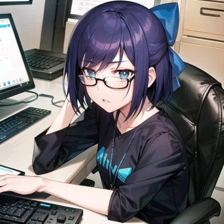 2d, masterpiece, best quality, anime, highly detailed face, highly detailed eyes, highly detailed background, perfect lighting, full body, 1girl, solo, a-chan, office, office chair, computer, monitor, black shirt, logo, id card, jeans <lora:a-chan-09:1>