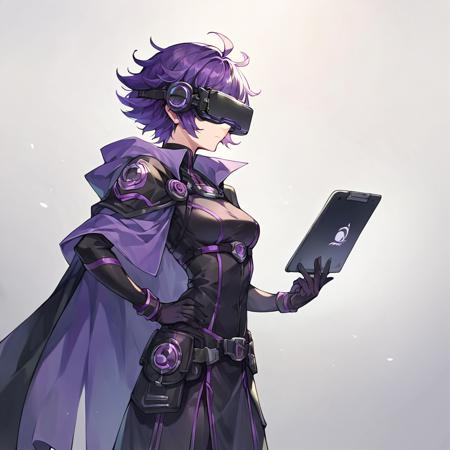 1girl，solo, backup sceretary , purple hair, hand on hip, cape, short hair, gloves, see-through, Hold. Tablet ， head-mounted display 