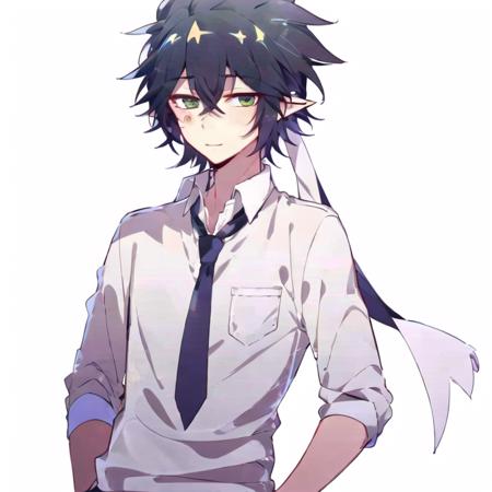 solo, 1boy  necktie, shirt, black background, looking at viewer, simple background, upper body, pointy ears, white shirt, green eyes, brown hair, <lora:leishi_loha_2:0.85>