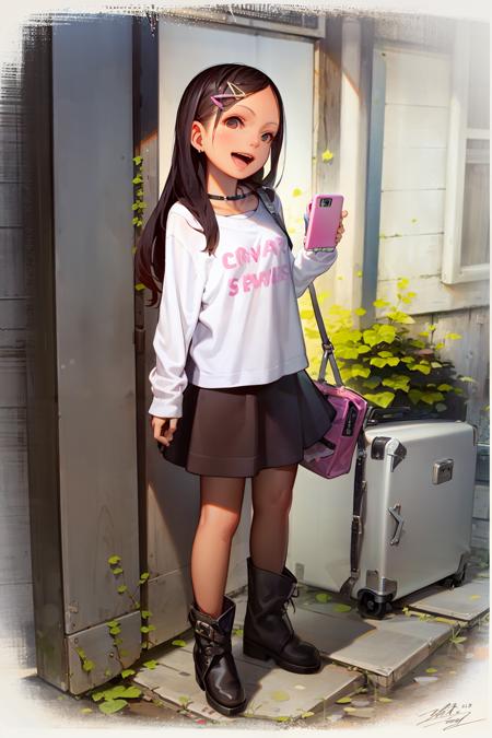 masterpiece, best quality, <lora:muk:1>,1girl, solo, skirt, brown hair, standing, open mouth, holding, black skirt, hair ornament, looking at viewer, full body, smile, brown eyes, shirt, boots, bag, striped, hairclip, long sleeves, english text, long hair, phone, :d, holding phone, long skirt, white shirt, cellphone, signature, striped skirt, earrings, vertical stripes, outdoors, jewelry, teeth, upper teeth only, black footwear, drinking straw, brown footwear, bangs, pigeon-toed, dated, clothes writing, choker