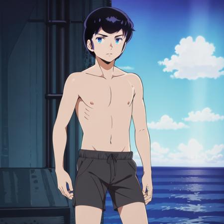 masterpiece,high quality,solo,
<lora:Mendo001>,looking at viewer,
Mendo,1boy,
short hair,black hair,blue eyes,
shirtless,shorts,ocean,