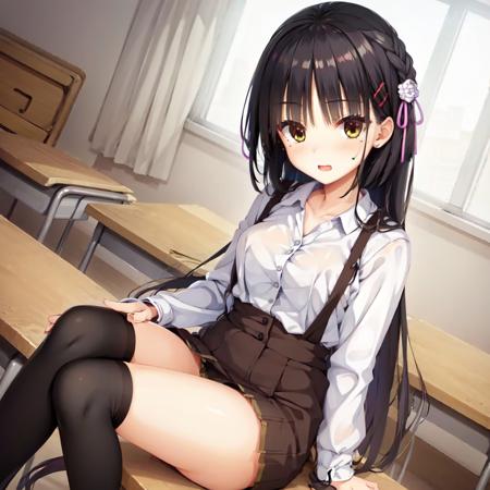 solo, Natsume, black hair, yellow eyes, mole under eye, long hair, hair flower, hair ribbon, red hairclip, dress shirt, high-waist skirt, suspender skirt, sitting on desk, classroom