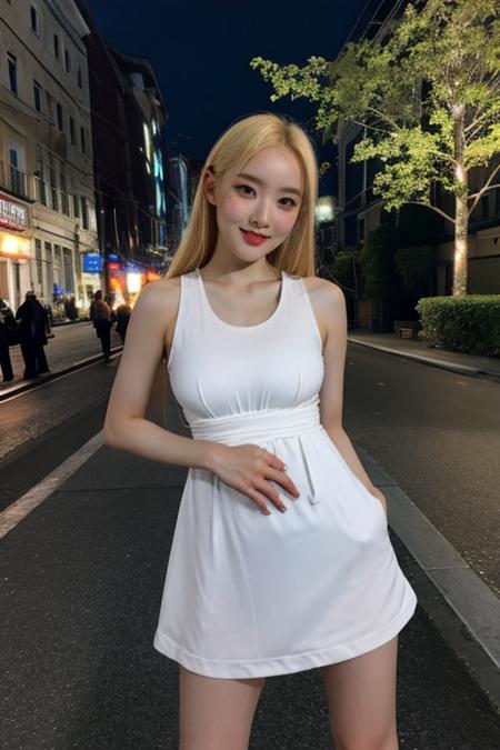 nikon RAW photo,8 k,Fujifilm XT3,close up photo, masterpiece, best quality, 1girl,solo,realistic, photorealistic, (extremely detailed face), ultra-detailed eyes and pupils, ultra detailed, serious expression, slender figure, standing against a city skyline at night, (tight dress), sleeveless, tiny waist, big hip, smile, perfect fingers, blonde hair, short, petite, <lora:sieunlorashy:1>