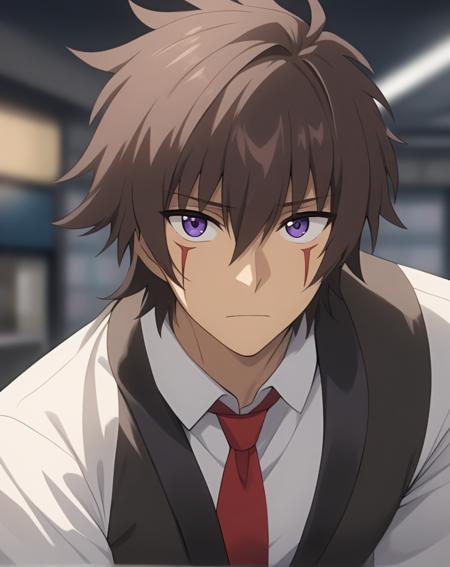 sai akuto, facial mark, brown hair, short hair, hair between eyes, bangs, purple eyes red eyes