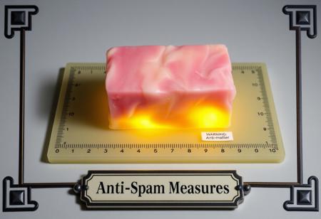 A high quality photograph with an art deco frame and title plaque at the bottom of "Anti-Spam Measures" picturing a block of pink flesh with a glowing yellow aura on a measuring board. There's a small warning label next to the pink block stating "Warning: Anti-matter".