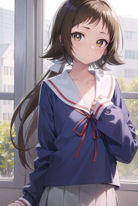 mashiromitsumine, <lora:mashiromitsumine-lora-nochekaiser:1>,
mashiro mitsumine, (brown eyes:1.5), brown hair, ponytail, (flat chest:1.2),
BREAK grey skirt, long sleeves, neck ribbon, red ribbon, ribbon, sailor collar, school uniform, skirt, white sailor collar, (blue shirt:1.5),
BREAK looking at viewer, full body,
BREAK indoors, classroom,
BREAK <lyco:GoodHands-beta2:1>, (masterpiece:1.2), best quality, high resolution, unity 8k wallpaper, (illustration:0.8), (beautiful detailed eyes:1.6), extremely detailed face, perfect lighting, extremely detailed CG, (perfect hands, perfect anatomy),