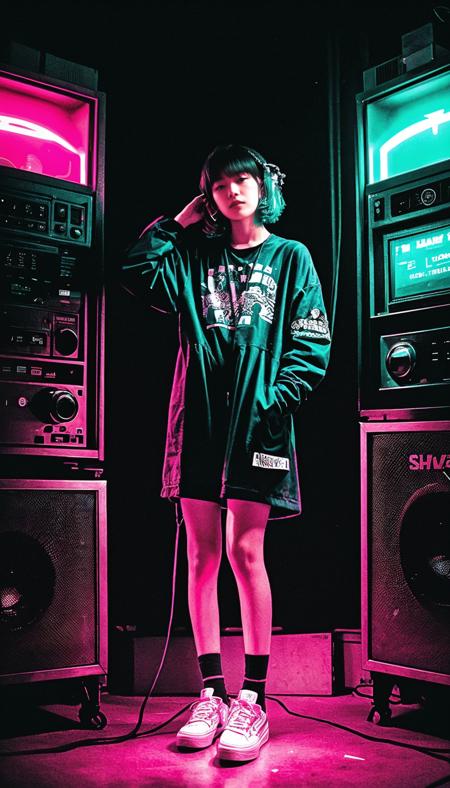 RAW Photography, a Photographic vaporwave grunge, funk and punk inspired scene with a pin up punk girl in oversized clothes, posing next to a giant glowing boombox. The background is a neon abyss, with graffiti, glitches, and faded retro graphics overlaying. The lighting, composition, and colors are meticulously planned to add surrealism and phantasmic qualities, sharp focus on subject, watching viewer, cyberpunk,<lora:SDXLrender_v2.0:1>