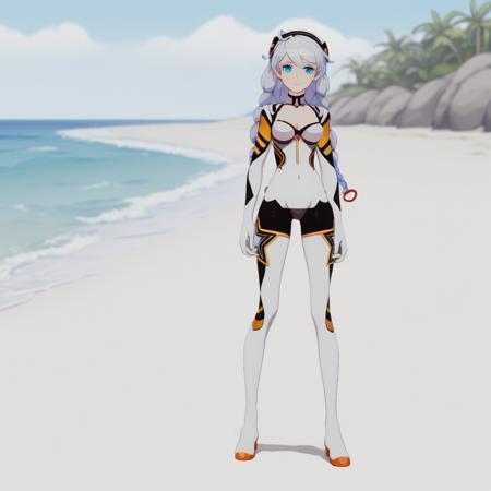 1girl,solo,breasts,kiana kaslana,twin braids,bodysuit,gloves,smile,wink,blue_eyes,full_body,looking_at_viewer,on beach,standing,detailed eyes,small nose,<lora:kiana_kaslana_white_comet:0.7>,