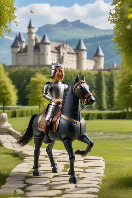 knight in armor riding on a horse, stone path across meadow, castle in background, marionette, <lora:marionette_lora_sdxl:0.85>