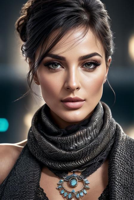 beautiful woman (EPN4d1n3Nj31m:.99), perfect hair, jewellery, ((portrait)), (closeup:1.2), ((from the waist up)), (((  stadium :1.2 ))), natural skin texture,  ((  Futuristic dystopian city viewpoint with smart grid energy systems :1.2)), ((wearing Gemstone Scarf Ring :1.3 )), 24mm, 4k textures, soft cinematic light, adobe lightroom, photolab, hdr, intricate, elegant, highly detailed, sharp focus, ((((cinematic look)))), soothing tones, insane details, intricate details, hyperdetailed, low contrast, soft cinematic light, exposure blend, hdr, faded, now, ("I've got a bad feeling about this.":1.1)