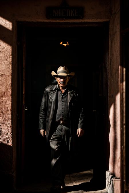 Atmospheric Image of a Weathered Old Man Stepping into a Mexican Saloon, Smoke and Shadows Enveloping Him, Captured in High Contrast, Evoking the Grit and Intrigue Common in the World of Robert Rodriguez's Films <lora:picxer_real:0.7>  <lora:more_details:0.6>