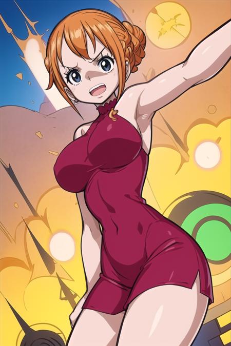 ,nami_dr, braided_bun,, 1girl, orange hair,short red dress,, 