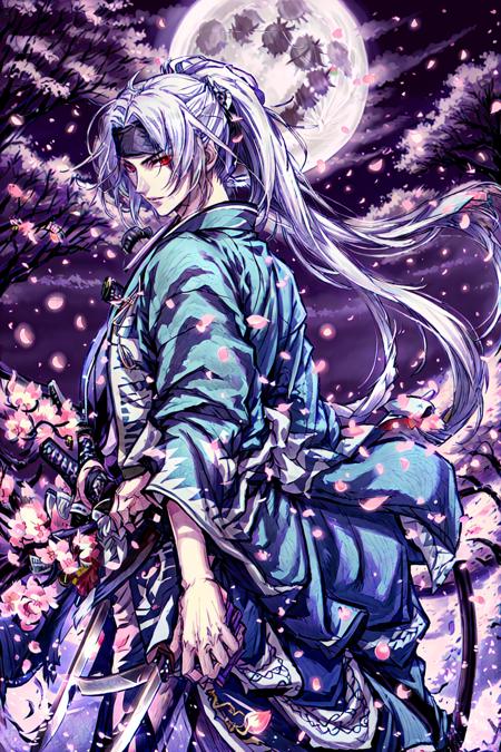 Hijikata Toshizou,  cherry blossoms,  full moon,  hakama,  haori,  headband,  japanese clothes,  katana,  long hair,  moon,  night,  petals,  ponytail,  red eyes,  shinsengumi,  sword,  weapon,  white hair, <lora:EMS-46732-EMS:1.000000>