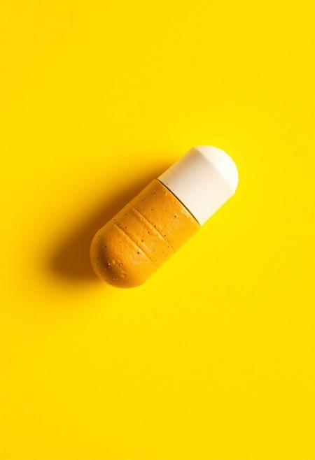 simple background, food, no humans, yellow background, yellow theme, still life, pill