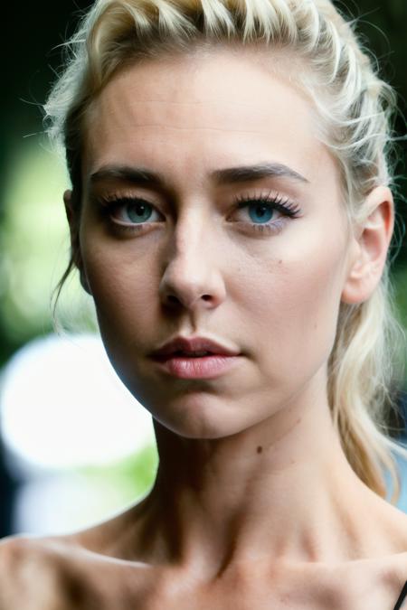 face shot of vanessaK2, (serious look), (blonde medium length hair), (hand on chin), Photorealistic, Hyperrealistic, Hyperdetailed, analog style, hip cocked, demure, detailed skin, matte skin, soft lighting, subsurface scattering, realistic, heavy shadow, masterpiece, best quality, ultra realistic, 8k, golden ratio, Intricate, High Detail, film photography, soft focus, detailed skin texture, (blush:0.5), (goosebumps:0.5), subsurface scattering