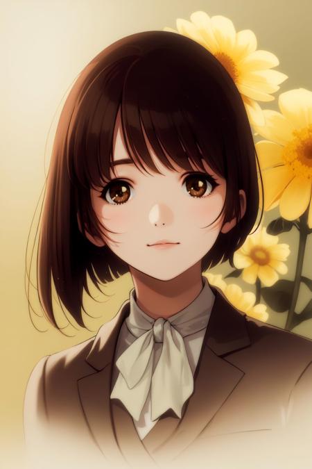 portrait, solo, 1girl, light brown hair, brown eyes, backlighting, Craspedia \(flower\), floral background <lora:Mikimoto_haruhiko_style_v02:1>