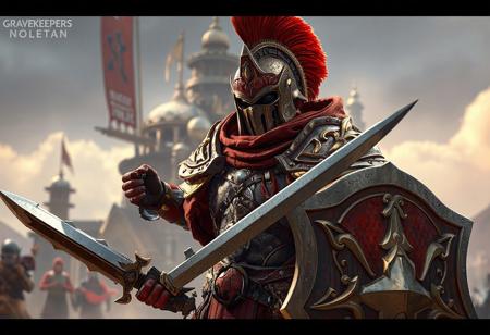 "A hyper-detailed concept art scene featuring a Gravekeeper's Nobleman warrior, the main focus of the image. Adorned in red and gold armor with a helmet featuring a plume, the warrior wields a sword in their right hand and holds a shield in their left, suggesting readiness for battle. The background is the Mobile Fortress, creating a dramatic and immersive setting. Rendered in hyper-realistic 3D with Octane Render, the scene showcases lifelike details, sharp lines, and stunning colors. The composition is balanced, with intentional focus on the warrior and the fortress. Inspired by contemporary aesthetics and Grammer Effect Style, the image conveys vivid emotions and a powerful message. Trending on ArtStation, 4K, ultra-detailed, and impeccably composed."
