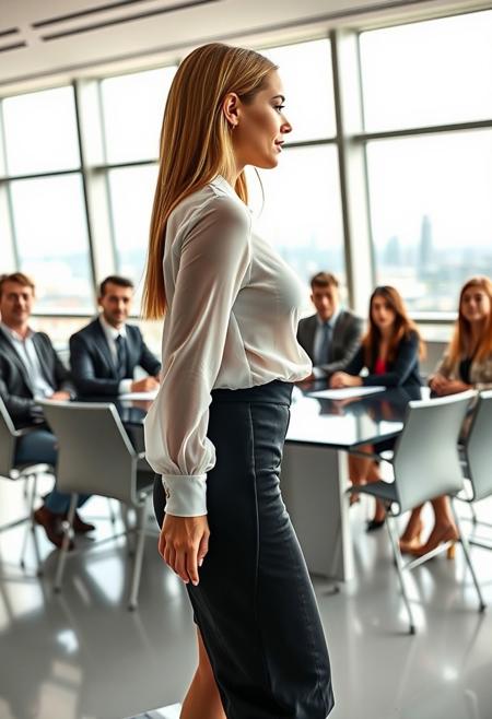 A stunning 25-year-old Scandinavian manager with a perfect, curvaceous body is standing next to a modern conference table in a well-lit room. She is viewed from the side, with her hands resting on the table as she leans slightly forward, speaking confidently to her team. She is wearing an elegant white see-through shirt and a fitted black skirt, no bra, niples. In the background, her colleagues, both men and women, are seated around the table, listening attentively. Their expressions reflect admiration for her professionalism and her captivating, sexy presence. The spacious conference room has large windows offering a panoramic view of the city. The image is rendered in a realistic style with vivid colors and sharp details, with the manager in a side profile and her team in the background