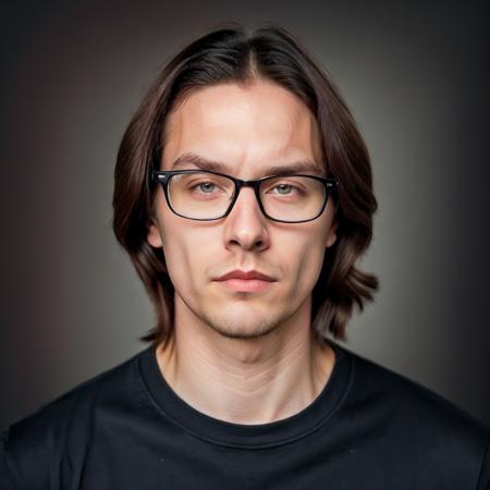 James Reid Ellis-Finn,  solo,  looking at viewer,  blue eyes,  simple background,  1boy,  closed mouth,  male focus,  red hair,  glasses,  sweater,  lips,  facial hair,  portrait,  black-framed eyewear,  realistic,  stubble,  grey sweater, <lora:EMS-51682-EMS:0.400000>