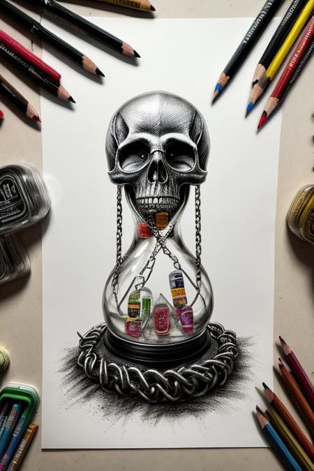 In the foreground: Skull:: DNA:: hourglass, in the background: roots:: wall: chains:: hyper detailed, beautifully color, insane detail, macabre, Ink style, pencil drawing, hyper realistic, spraypaint urban hiphop style, Post Processing, Post-Production, insanely detailed, hypermaximalist, elegant, hyper realistic, super detailed, photography, 64k, HDR