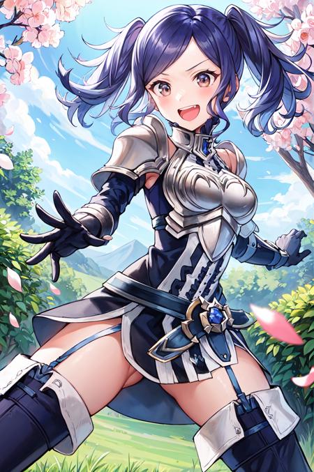 from below,<lora:Cynthia:0.8>,smile,open mouth,Large number of petals dancing in the wind,spread legs,cynthia,dynamic pose,fighting stance, blue hair,twintails,thighhighs, gloves, armor, short dress, boots,thigh boots, dress,elbow gloves, zettai ryouiki,breastplate, shoulder armor, belt, garter straps,garden,(masterpiece, best quality, ultra-detailed, best shadow)