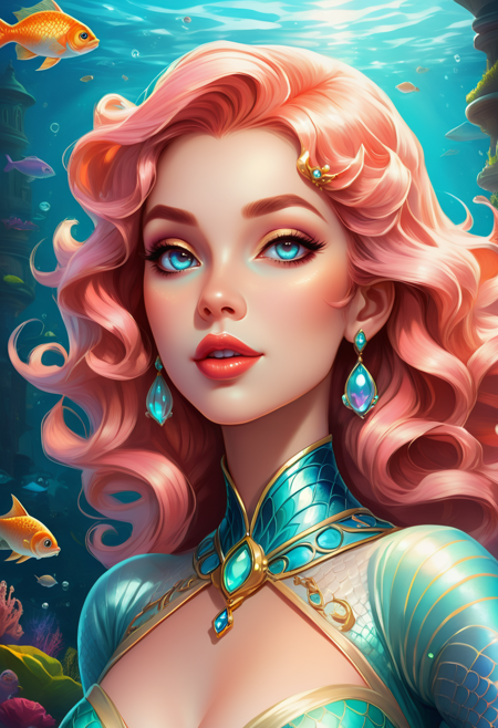 retro-futuristic Masterpiece, high quality, stunning composition, highly rated artwork, detailed art, many details, fairytale, storybook detailed illustration, complex background. ((looking at viewer))
fish princess, face closeup, big lips, open mouth, mermaid, Bedroom eyes, victorian curls, Hyper-realistic detail, 
<lora:20250419-1745075667520:0.8>,  <lora:SDXLFaeTastic2400:0.6> . vintage sci-fi, 50s and 60s style, atomic age, vibrant, highly detailed