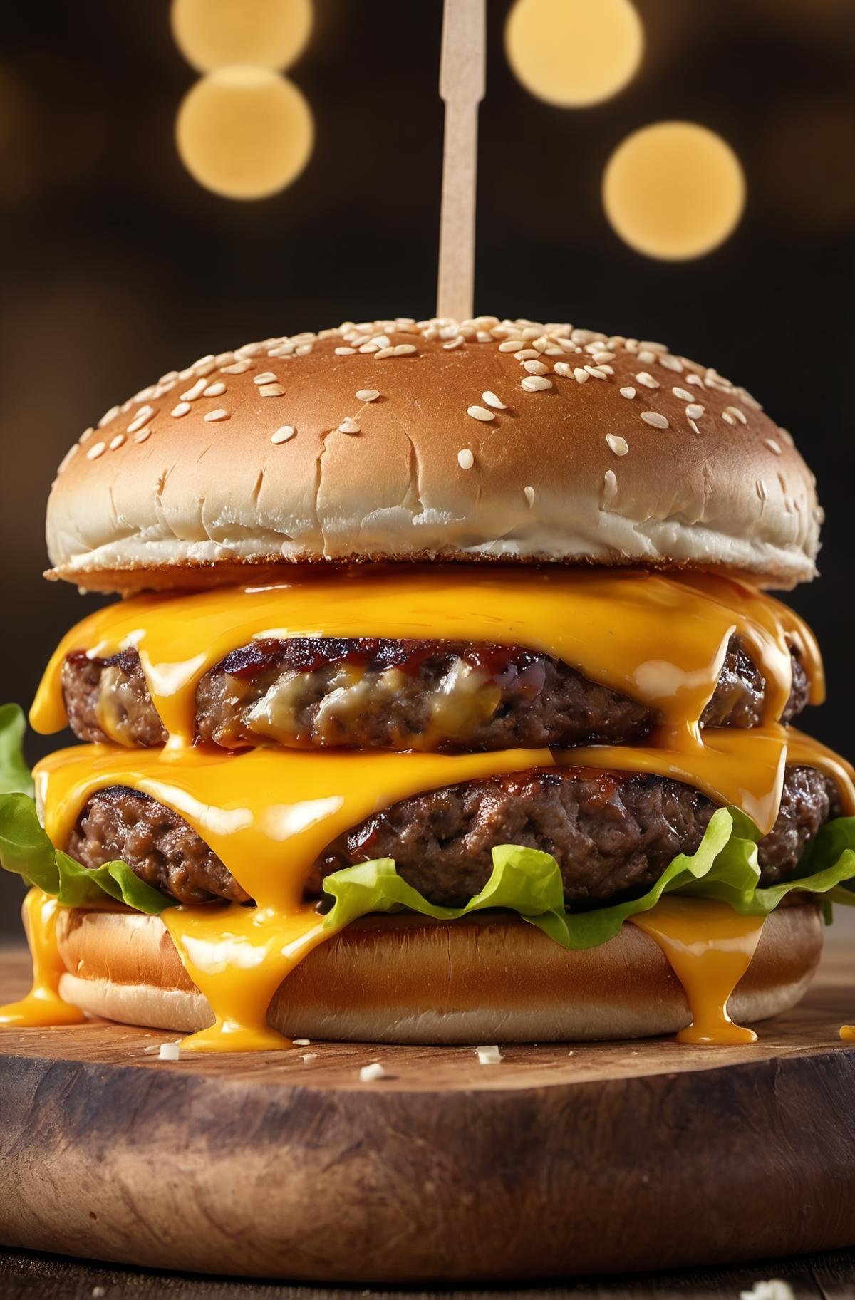A close-up of a hamburger with cheese and lettuce.