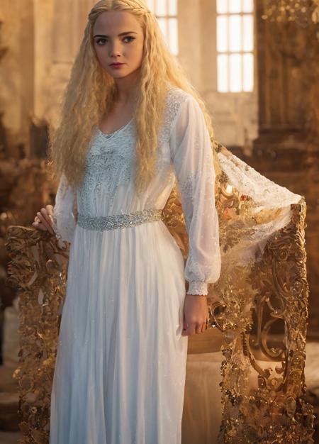 <lora:witcher-ciri:1.0>, witcher-ciri, 1girl, green eyes, glowing eyes, blonde hair, curly hair, indoors, long hair, solo, white dress, small breasts,