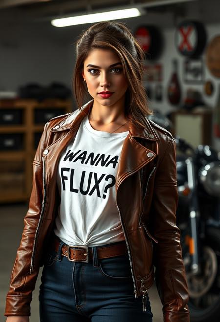 skinny girl, wearing a brown leather motorcycle jacket, white inner shirt with text printed "Wanna FLUX?", sexy pose, hd, motorcycle garage, raw photo, 8k, high resolution, photorealistic, cinematic