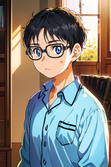 masterpiece, best quality, , 1boy, solo, male focus, looking at viewer, upper body, depth of field, <lora:kousei_arima:0.74>, kousei_arima, black hair, glasses, blue eyes, pajamas,